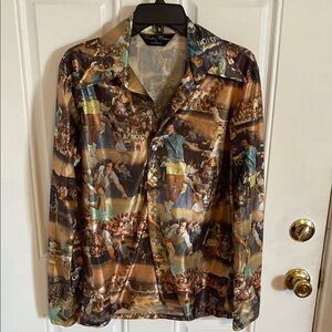 Rare 1970’s Vintage Polyester Men’s Shirt Tennis Match Collage Sz Small ? Feelin
